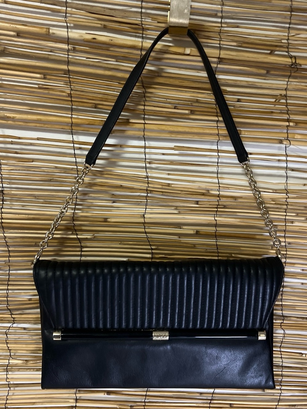 Diane Von Furstenberg Black Quilted & Smooth Leather Chain Shoulder Clutch
